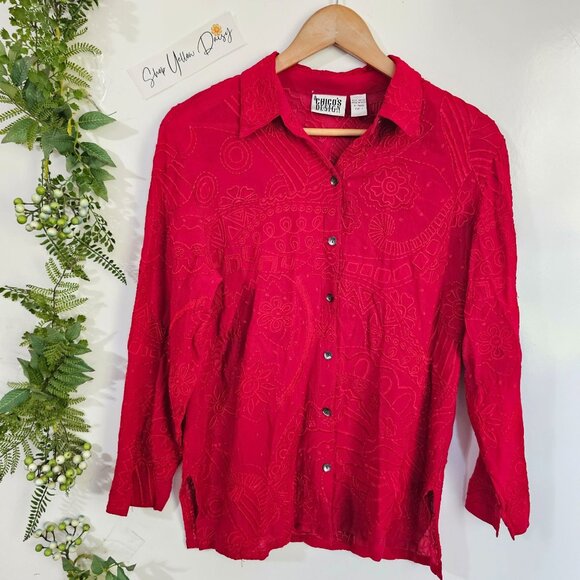 Vintage Chicos Red Embroidered Button-Up Shirt Size L 100% Rayon Womens~LS149.12 - Picture 1 of 10